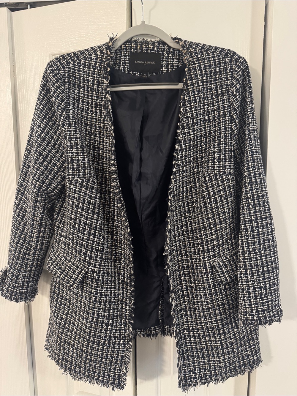 Banana Republic Blue & White Tweed Fringe Open-Front Blazer